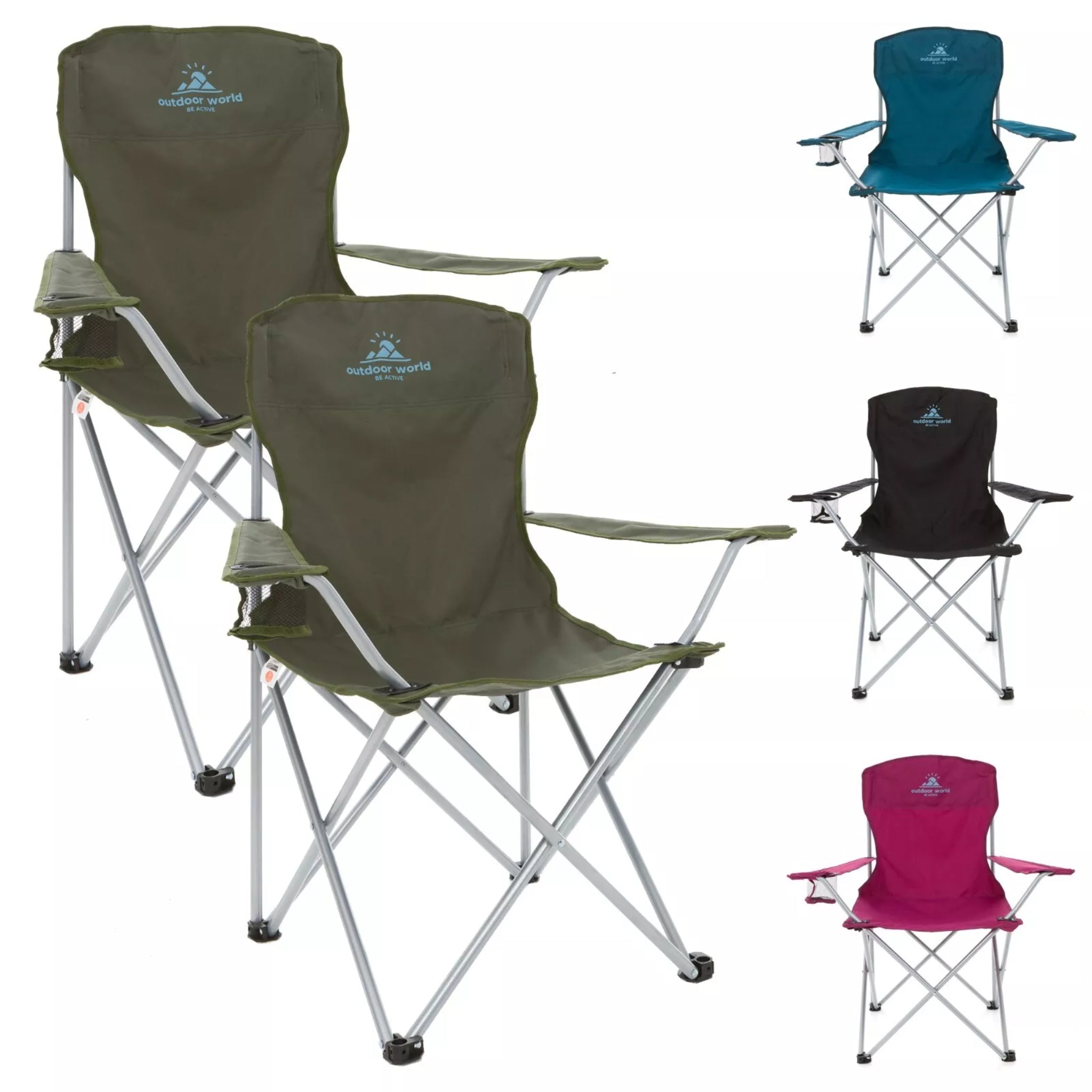 Olive Green Outdoor World Folding Camping Chair with Cup Holder High Back Waterproof Fabric Durable Steel Legs and Carry Bag 2 Pack